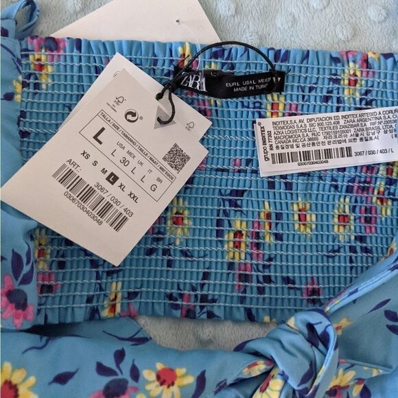 NEW ZARA Blue floral crop top bra smocked back adjustable straps sz Large - Picture 5 of 5